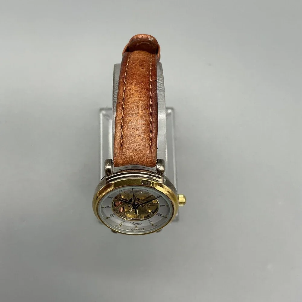 Vintage Timex Womens Watch 24mm Gold White Skeleton Brown Leather New Battery